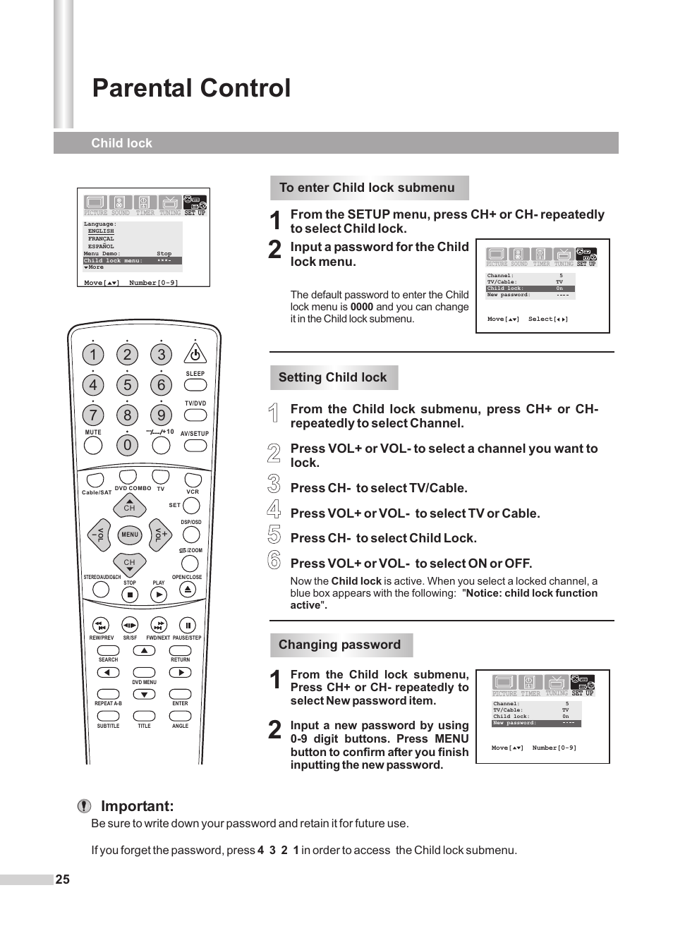 Parental control, Important, Child lock | Dolby Laboratories DV2418 User Manual | Page 27 / 60