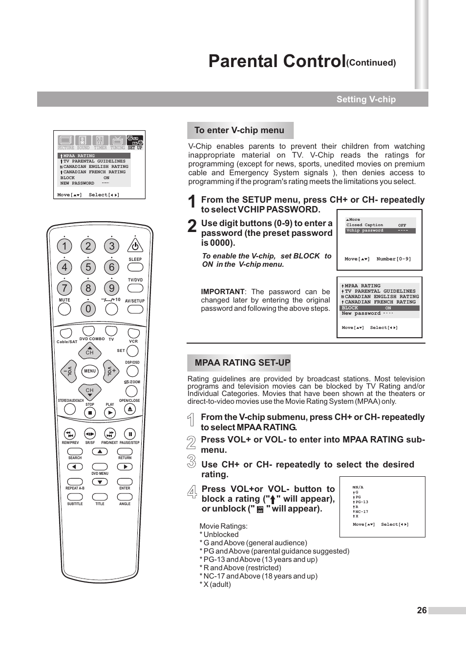 Parental control, Setting v-chip, Continued) | Dolby Laboratories DV2418 User Manual | Page 28 / 60