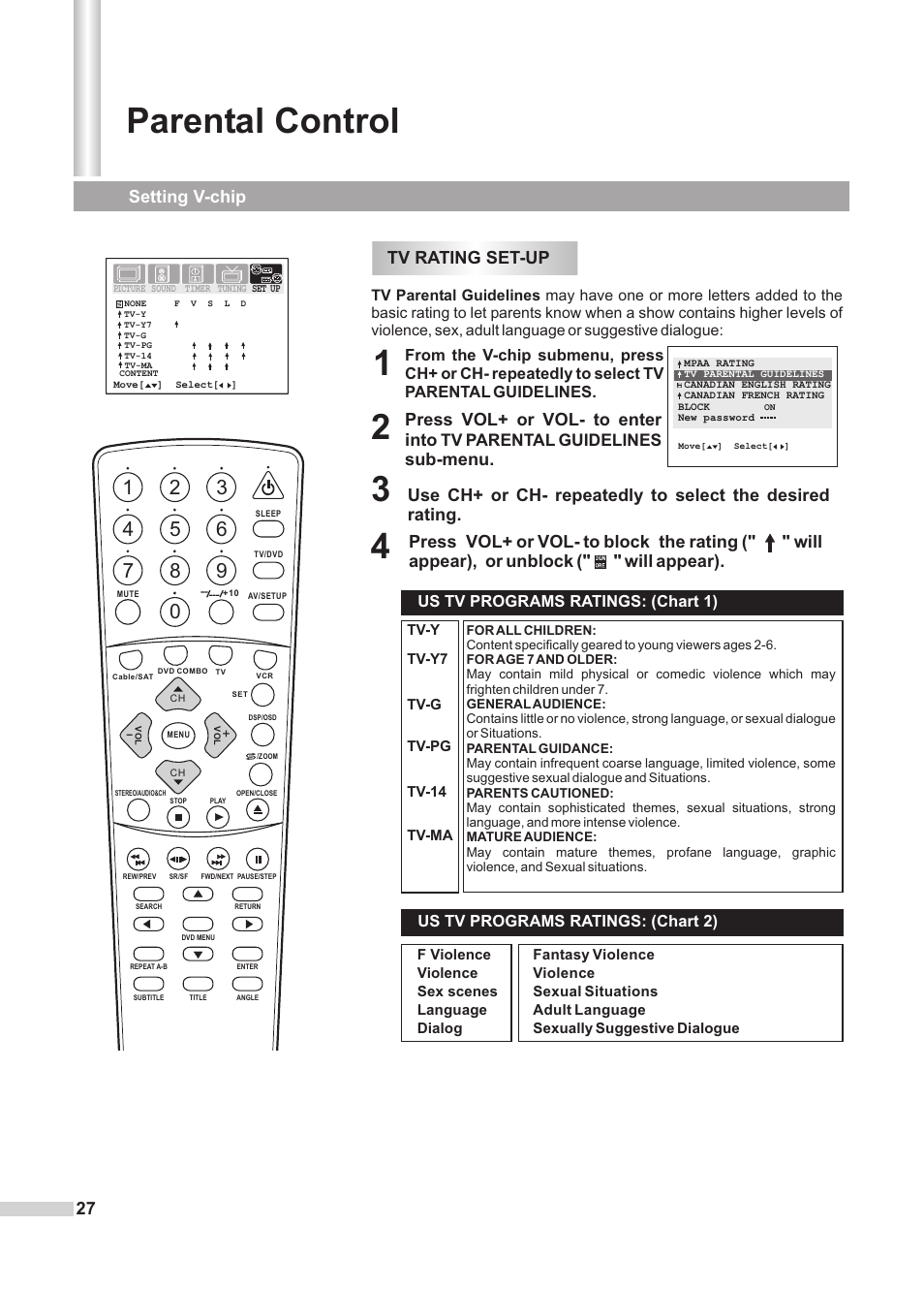 Parental control, Tv rating set-up, Setting v-chip 27 | Press vol+ or vol- to enter into, Sub-menu, Tv parental guidelines | Dolby Laboratories DV2418 User Manual | Page 29 / 60