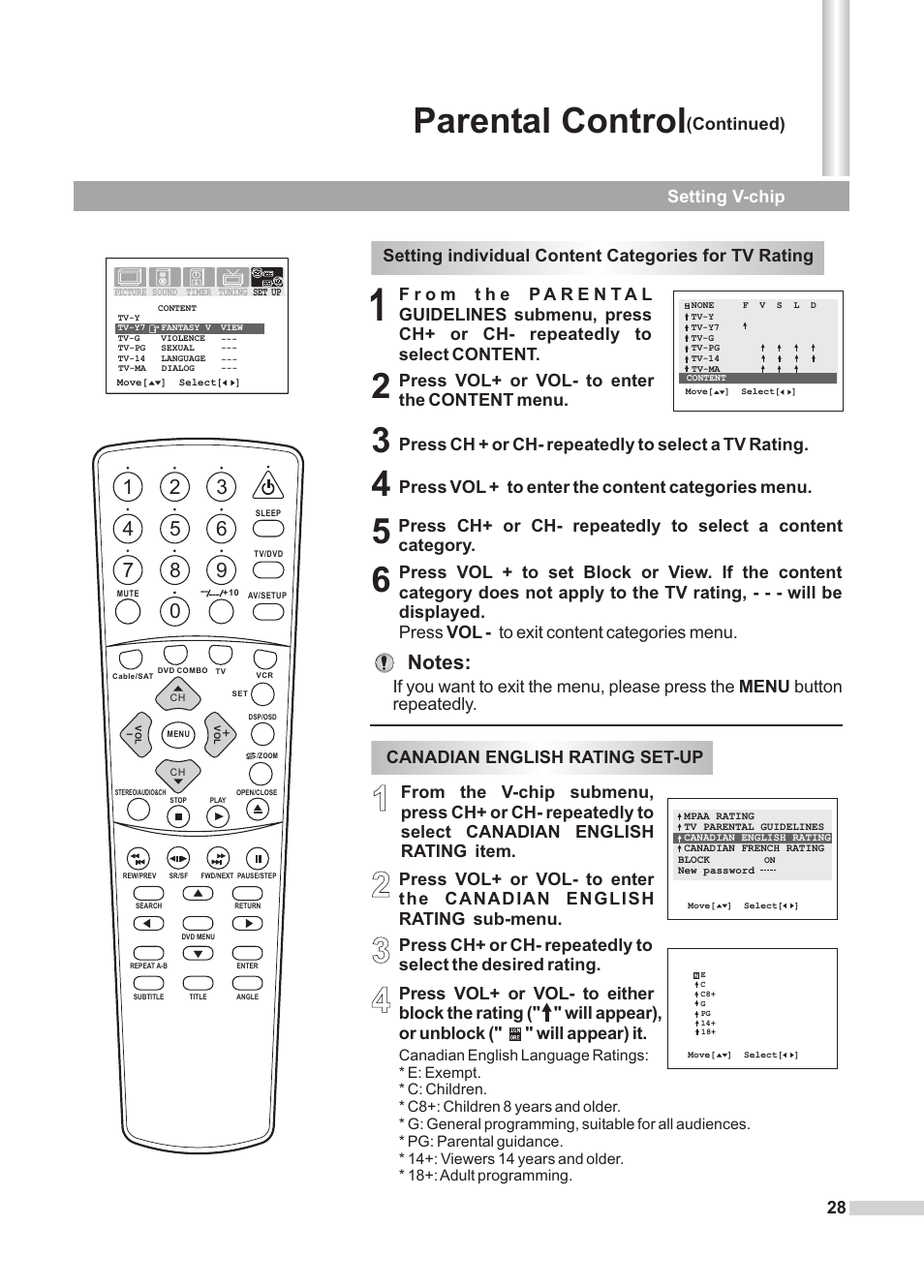 Parental control, Press ch + or ch- repeatedly to select a tv rating, Press vol + to enter the content categories menu | Continued) setting v-chip | Dolby Laboratories DV2418 User Manual | Page 30 / 60