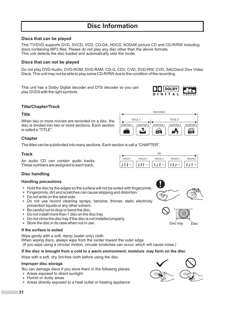 Disc information, Title/chapter/track, Title | Chapter, Track, Disc handling | Dolby Laboratories DV2418 User Manual | Page 33 / 60