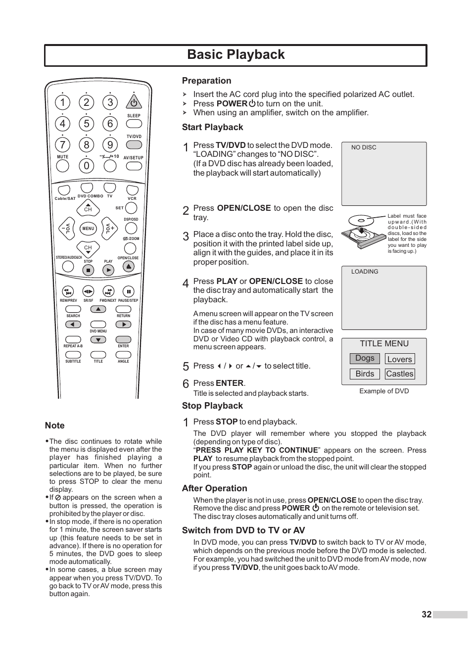 Basic playback, Preparation, Start playback | Stop playback, Switch from dvd to tv or av | Dolby Laboratories DV2418 User Manual | Page 34 / 60