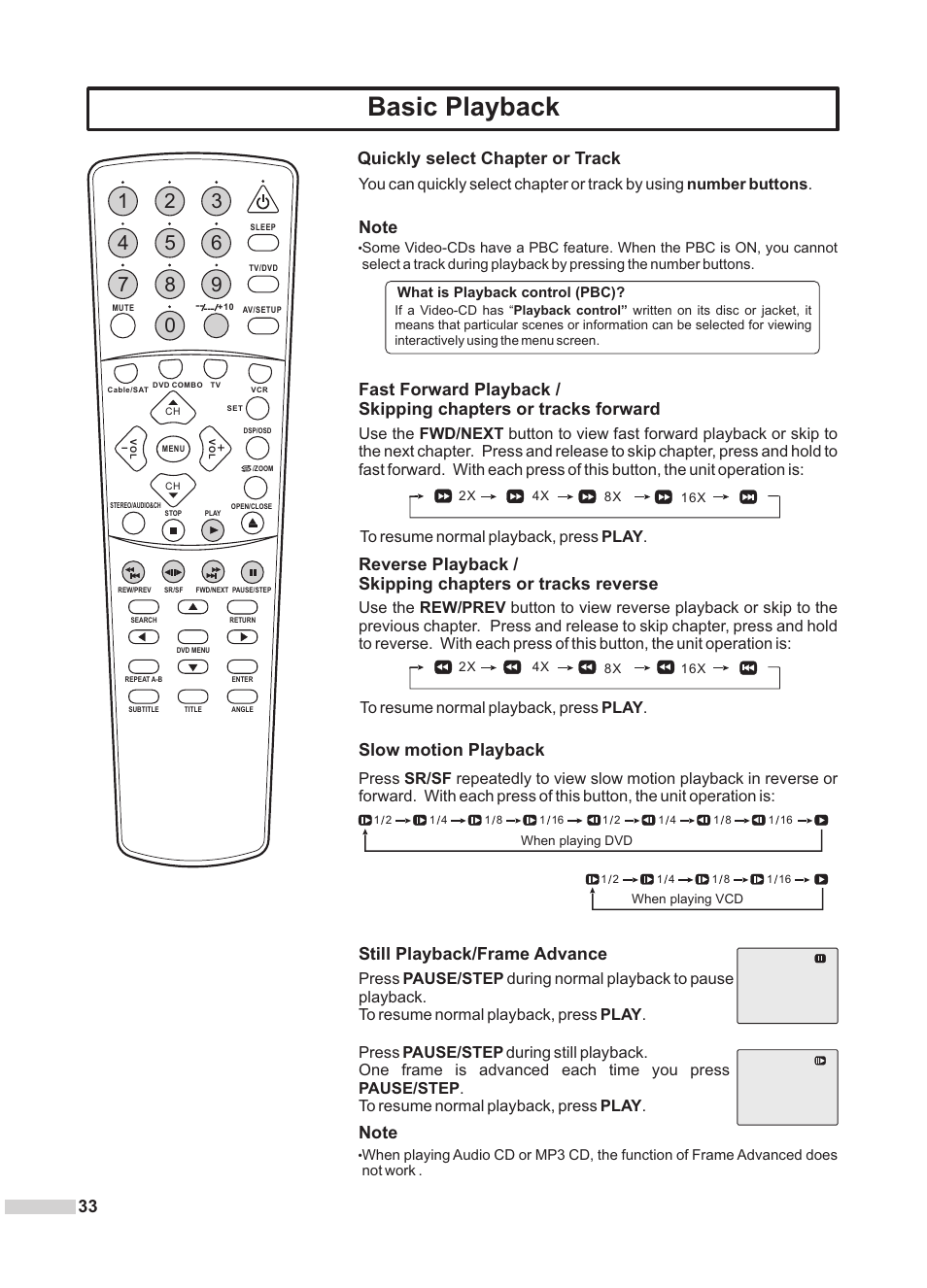 Basic playback, Quickly select chapter or track, Slow motion playback | Still playback/frame advance | Dolby Laboratories DV2418 User Manual | Page 35 / 60