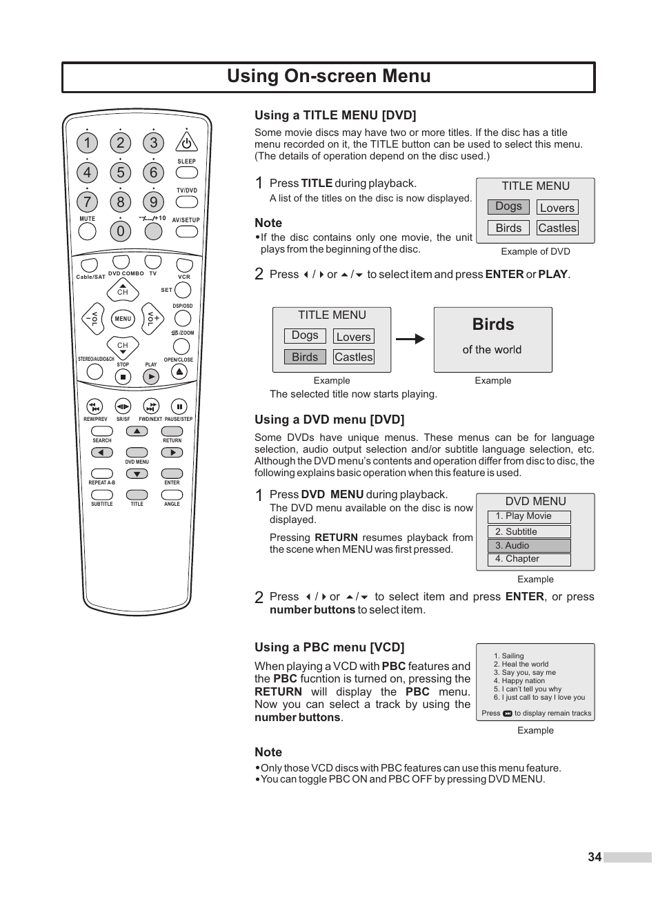 Using on-screen menu, Birds, Using a title menu [dvd | Using a dvd menu [dvd, Using a pbc menu [vcd | Dolby Laboratories DV2418 User Manual | Page 36 / 60
