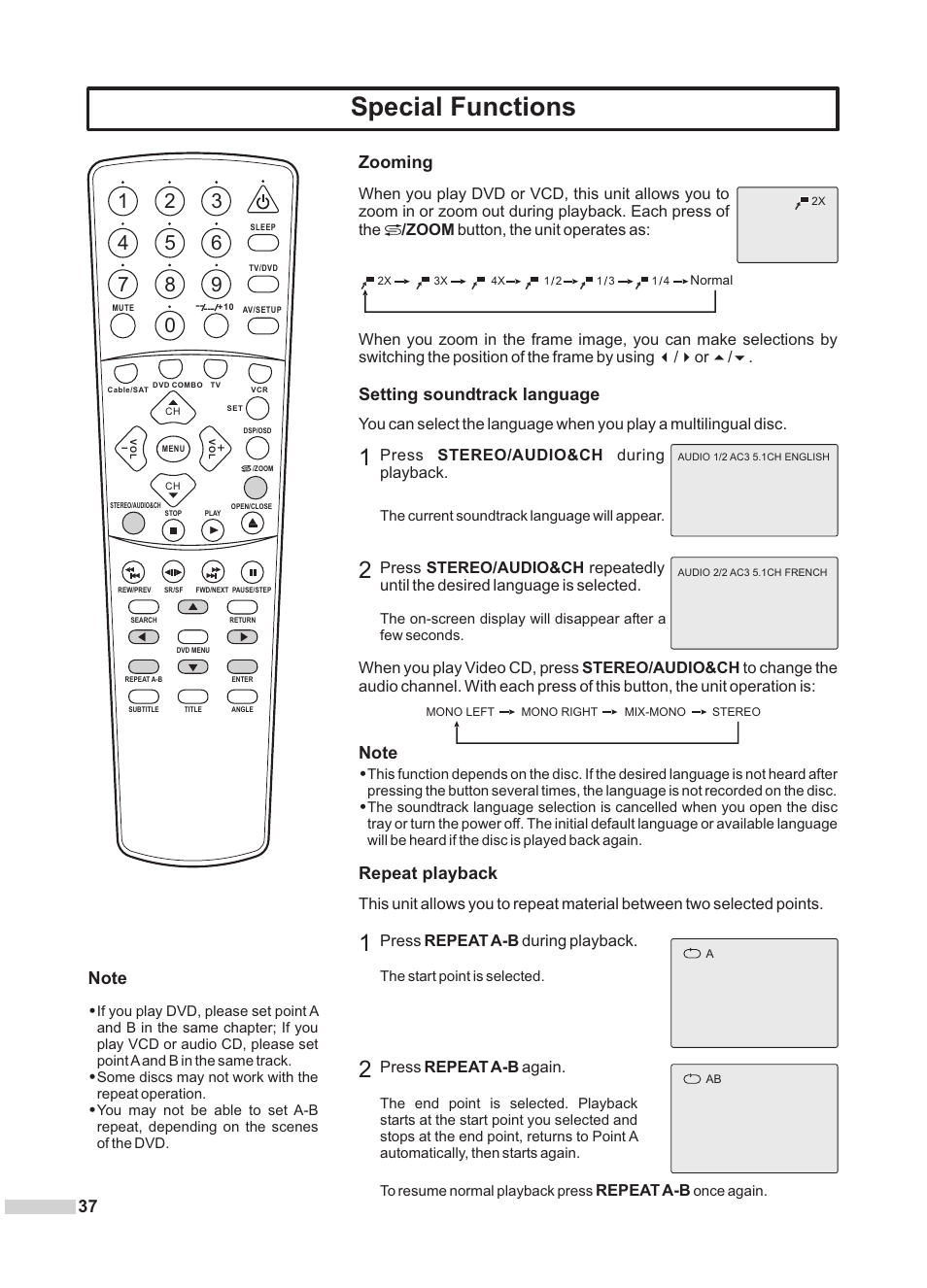 Special functions, Zooming, Setting soundtrack language | Repeat playback | Dolby Laboratories DV2418 User Manual | Page 39 / 60