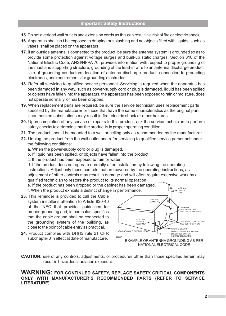 Warning, Important safety instructions | Dolby Laboratories DV2418 User Manual | Page 4 / 60