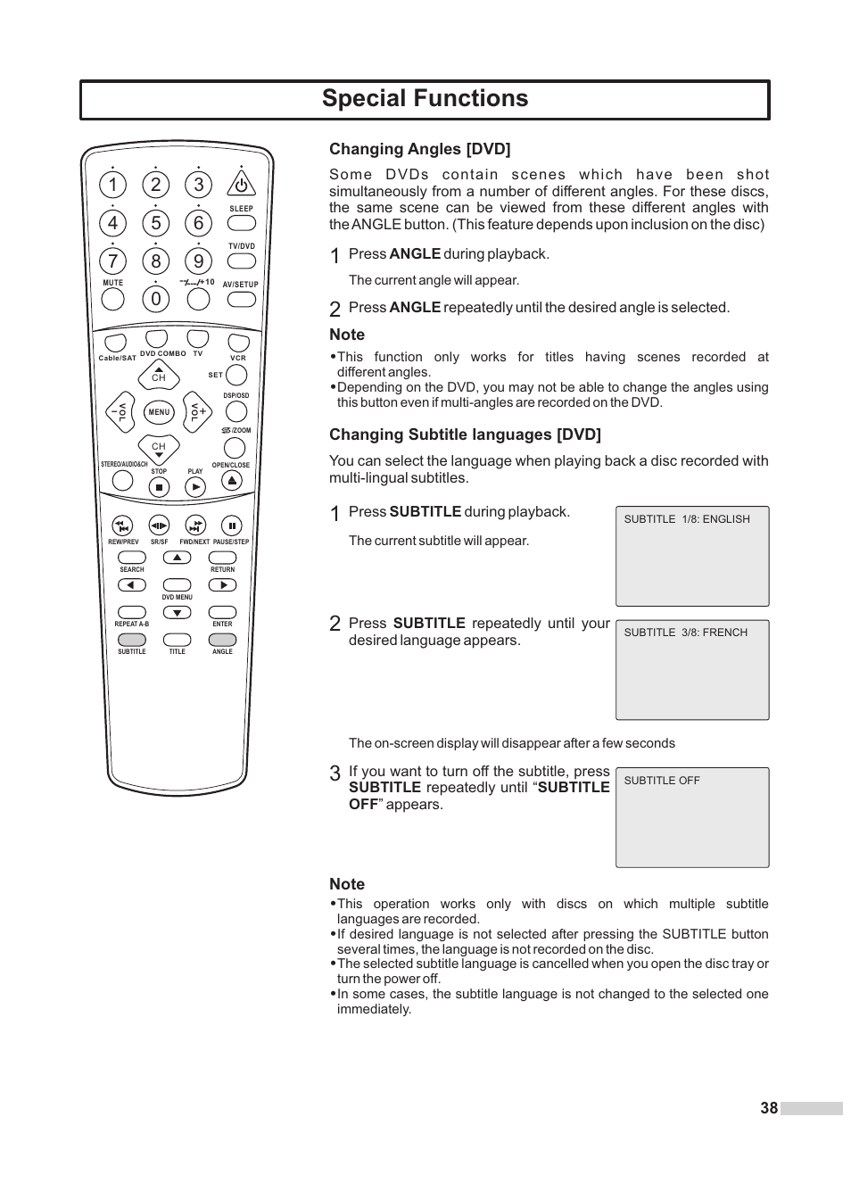 Special functions, Changing angles [dvd, Changing subtitle languages [dvd | Dolby Laboratories DV2418 User Manual | Page 40 / 60