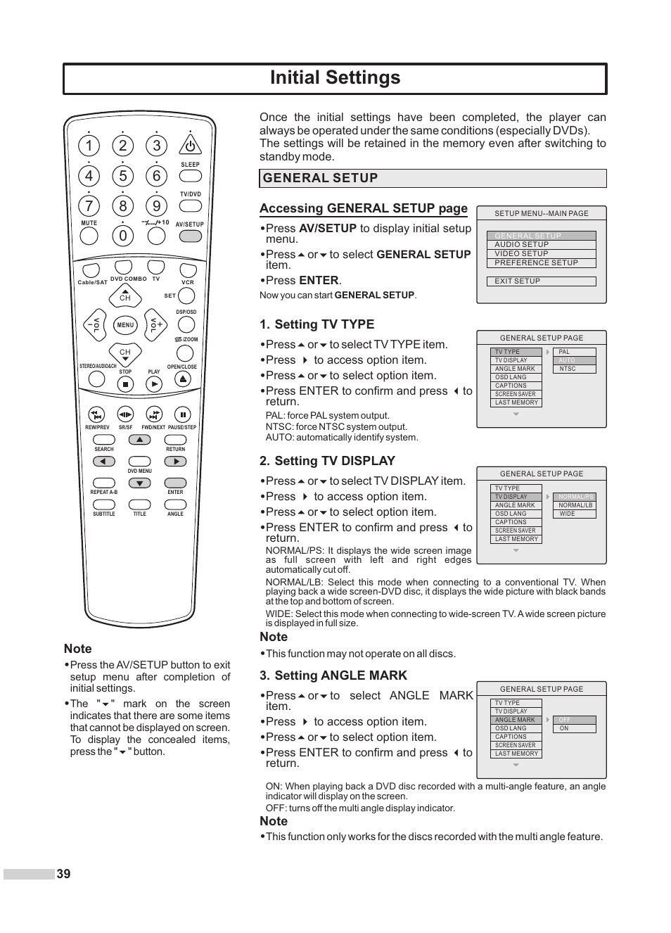 Initial settings, Setting tv display, Setting angle mark | Press av/setup to display initial setup menu, Press5or6to select, Item, Press enter, Press5or6to select tv type item, Press 4 to access option item, Press5or6to select option item | Dolby Laboratories DV2418 User Manual | Page 41 / 60