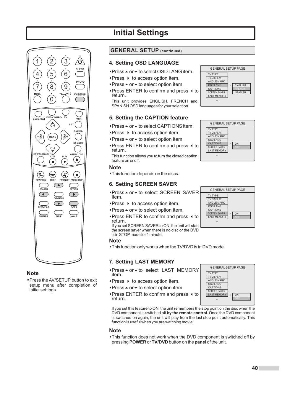 Initial settings, Setting osd language, General setup | Setting the caption feature, Press5or6to select osd lang item, Press 4 to access option item, Press5or6to select option item, Press enter to confirm and press 3to return, Press5or6to select captions item, Press5or6to select screen saver item | Dolby Laboratories DV2418 User Manual | Page 42 / 60