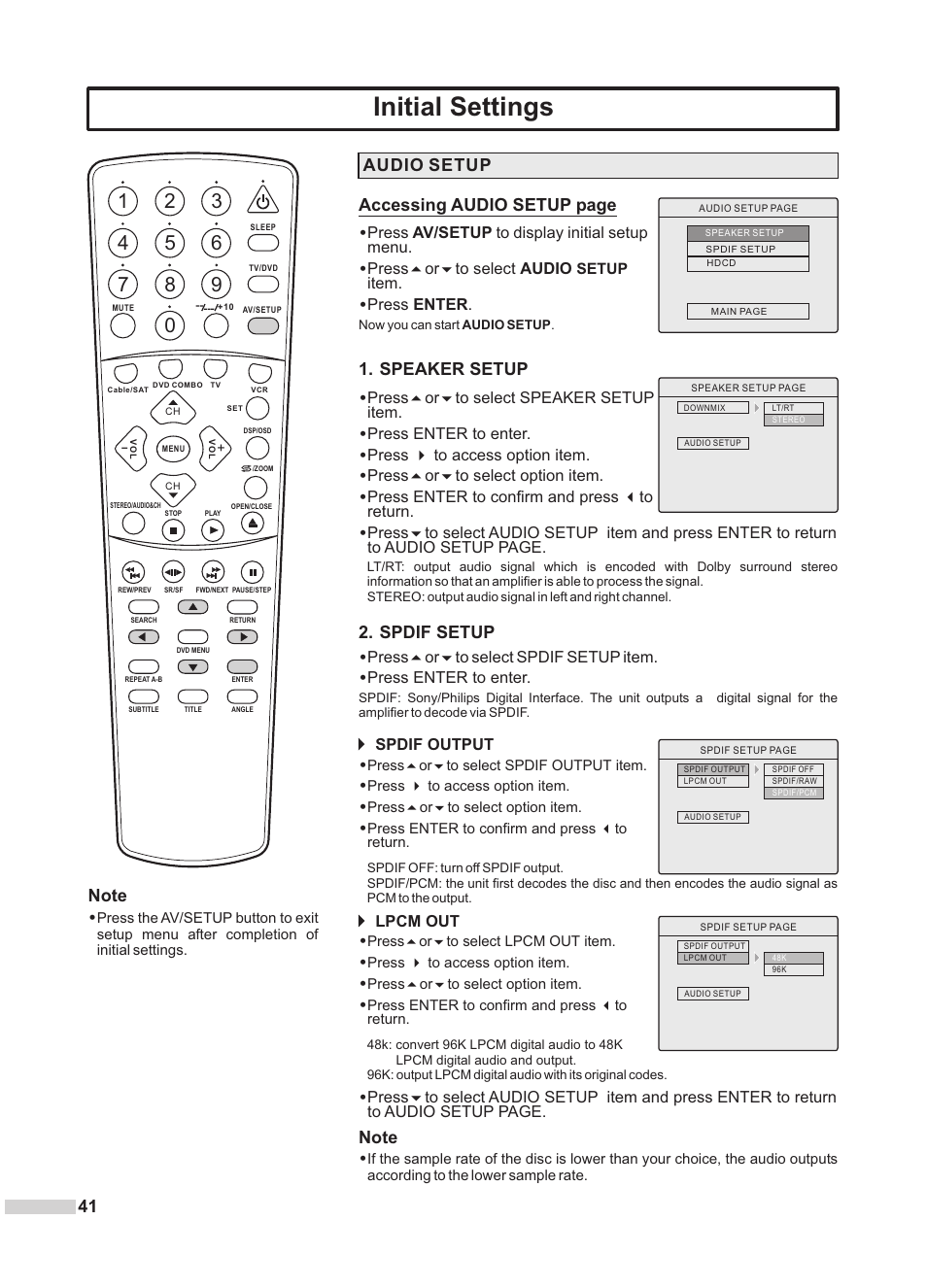 Initial settings, Speaker setup, Audio setup | Accessing audio setup page, Spdif setup, Press5or6to select speaker setup item, Press enter to enter, Press 4 to access option item, Press5or6to select option item, Press enter to confirm and press 3to return | Dolby Laboratories DV2418 User Manual | Page 43 / 60