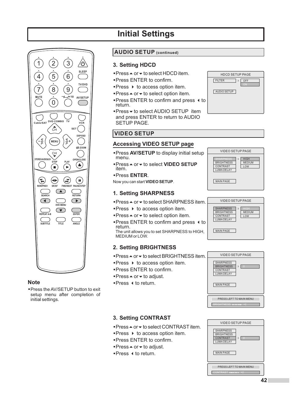 Initial settings, Setting hdcd, Audio setup | Video setup, Accessing video setup page, Setting sharpness, Setting brightness, Setting contrast, Press5or6to select hdcd item, Press enter to confirm | Dolby Laboratories DV2418 User Manual | Page 44 / 60