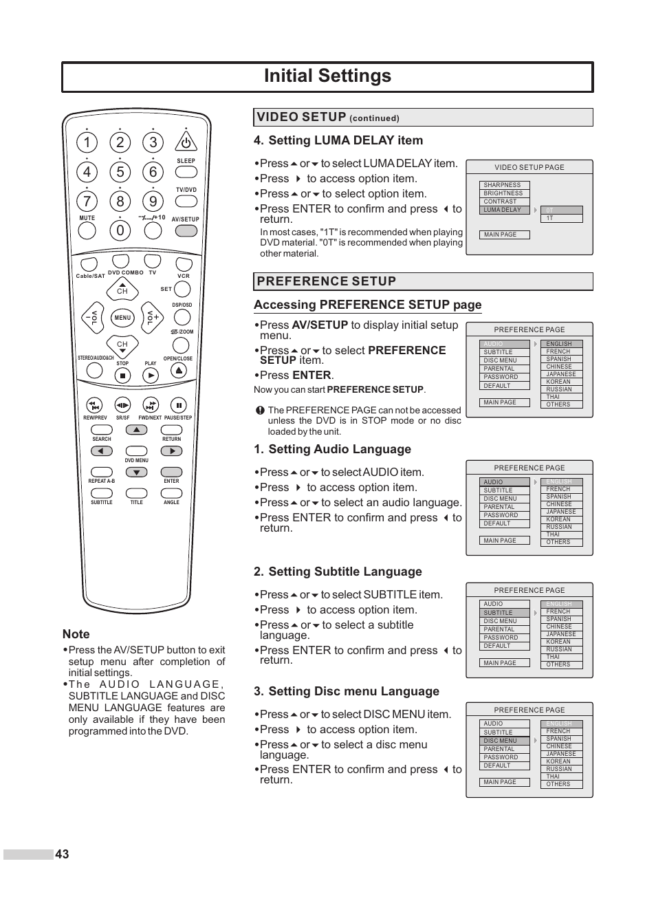 Initial settings, Video setup, Preference setup | Accessing preference setup page, Setting audio language, Setting subtitle language, Setting disc menu language, Press5or6to select luma delay item, Press 4 to access option item, Press5or6to select option item | Dolby Laboratories DV2418 User Manual | Page 45 / 60
