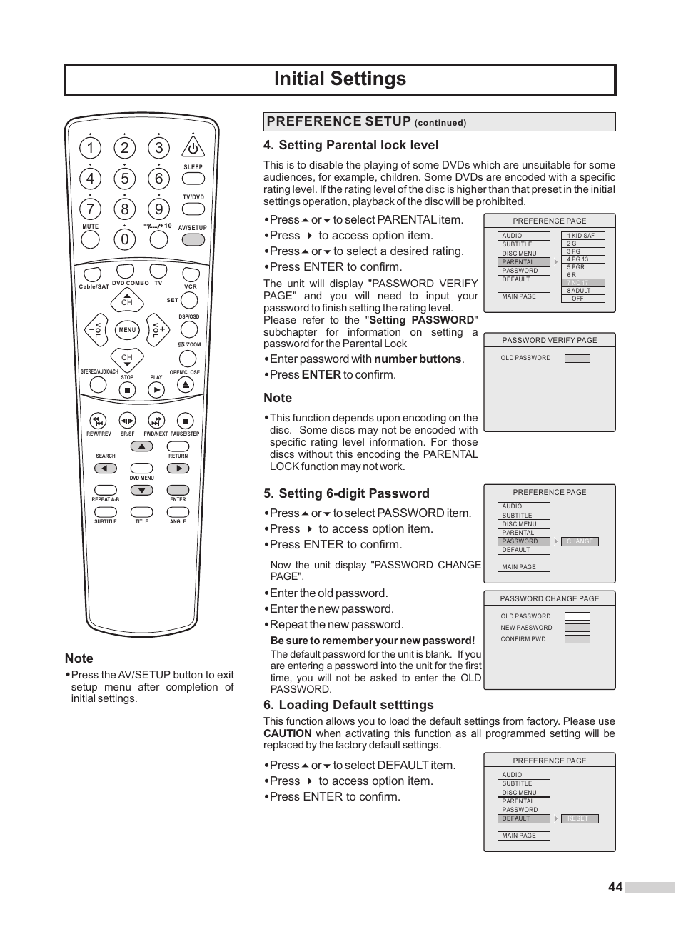 Initial settings, Preference setup, Loading default setttings | Press5or6to select parental item, Press 4 to access option item, Press5or6to select a desired rating, Press enter to confirm, Enter password with number buttons, Press5or6to select password item, Enter the old password | Dolby Laboratories DV2418 User Manual | Page 46 / 60