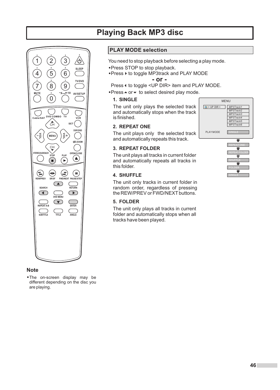Playing back mp3 disc, Play mode selection, Press stop to stop playback | Press5or6 to select desired play mode, Single | Dolby Laboratories DV2418 User Manual | Page 48 / 60