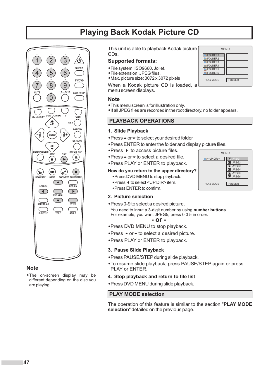 Playing back kodak picture cd, Supported formats, Playback operations | Play mode selection, Slide playback, Press5or6to select your desired folder, Press 4 to access picture files, Press5or6to select a desired file, Press play or enter to playback, Picture selection | Dolby Laboratories DV2418 User Manual | Page 49 / 60