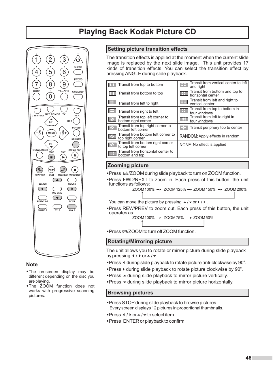 Playing back kodak picture cd, Setting picture transition effects, Browsing pictures | Zooming picture, Rotating/mirroring picture, Press 3/4or5/6to select item, Press enter or playback to confirm, Random: none | Dolby Laboratories DV2418 User Manual | Page 50 / 60