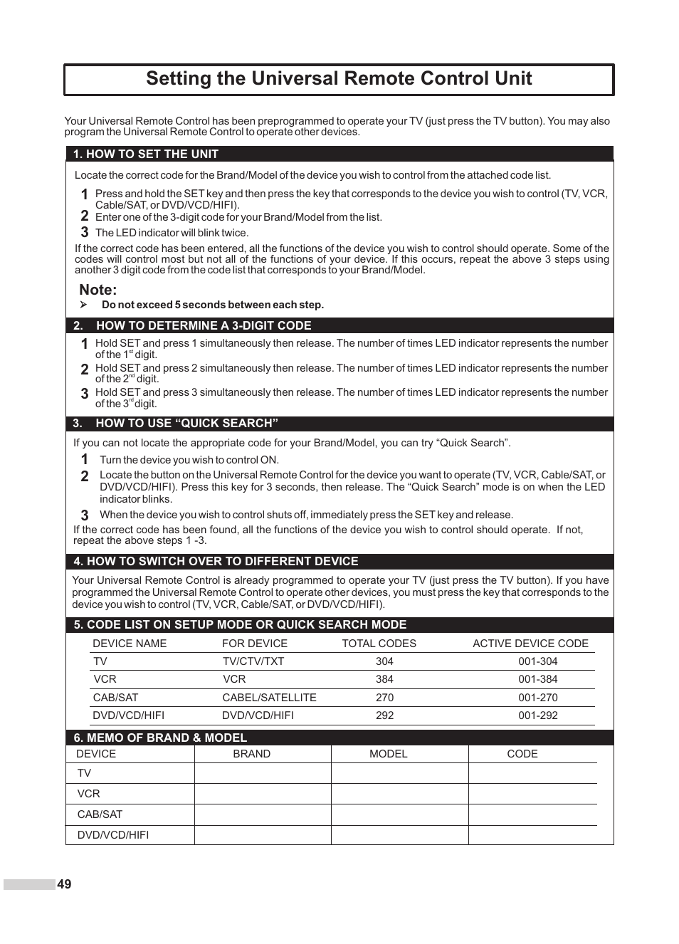 Setting the universal remote control unit | Dolby Laboratories DV2418 User Manual | Page 51 / 60