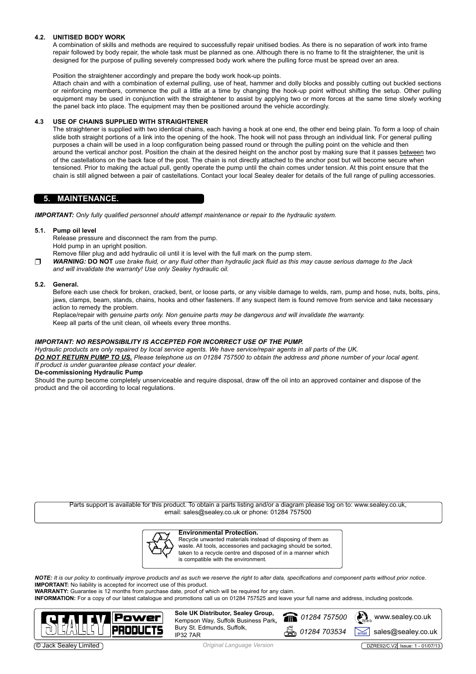 Maintenance | Sealey DZRE92/C User Manual | Page 4 / 4