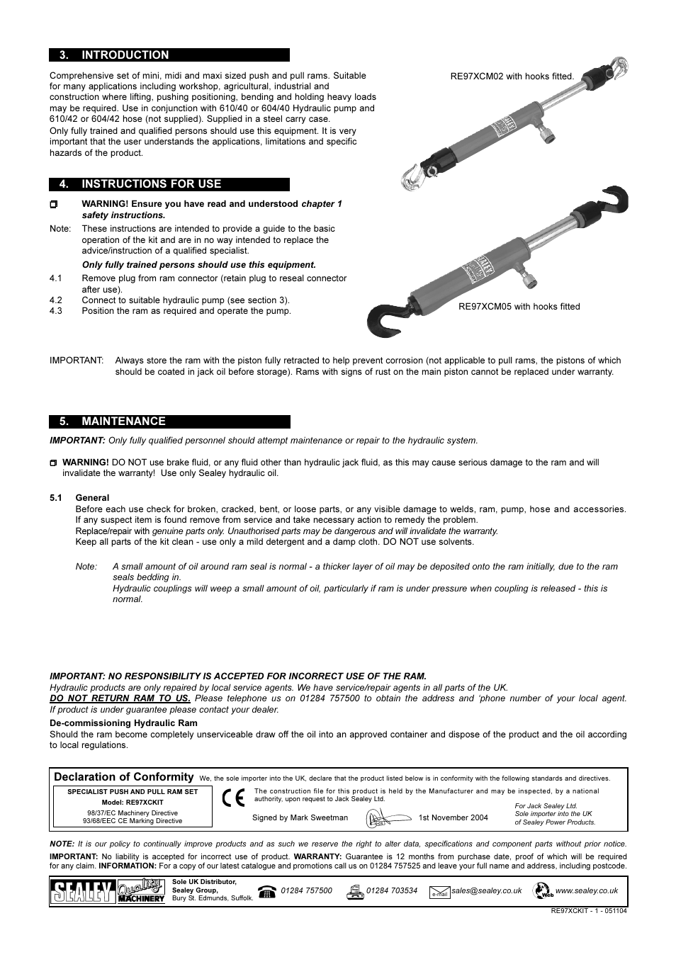 Introduction, Instructions for use 5. maintenance, Declaration of conformity | Sealey RE97XC02 User Manual | Page 2 / 2