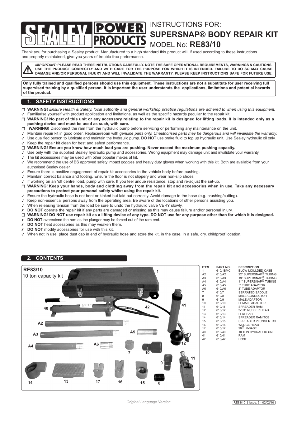 Sealey RE83/10 User Manual | 4 pages