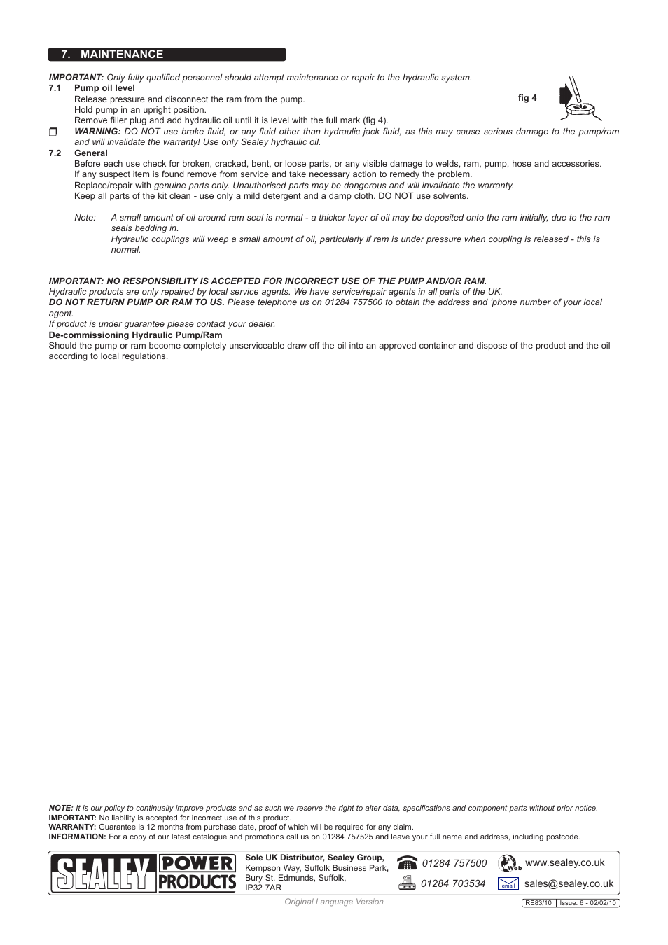 Maintenance | Sealey RE83/10 User Manual | Page 4 / 4