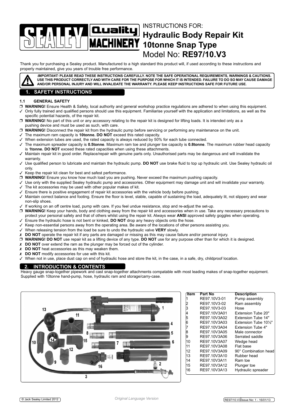 Sealey RE97/10 User Manual | 2 pages