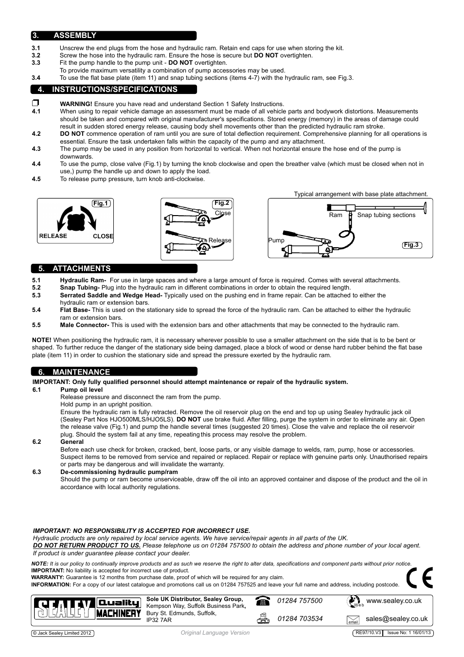 Instructions/specifications, Maintenance, Attachments | Assembly | Sealey RE97/10 User Manual | Page 2 / 2