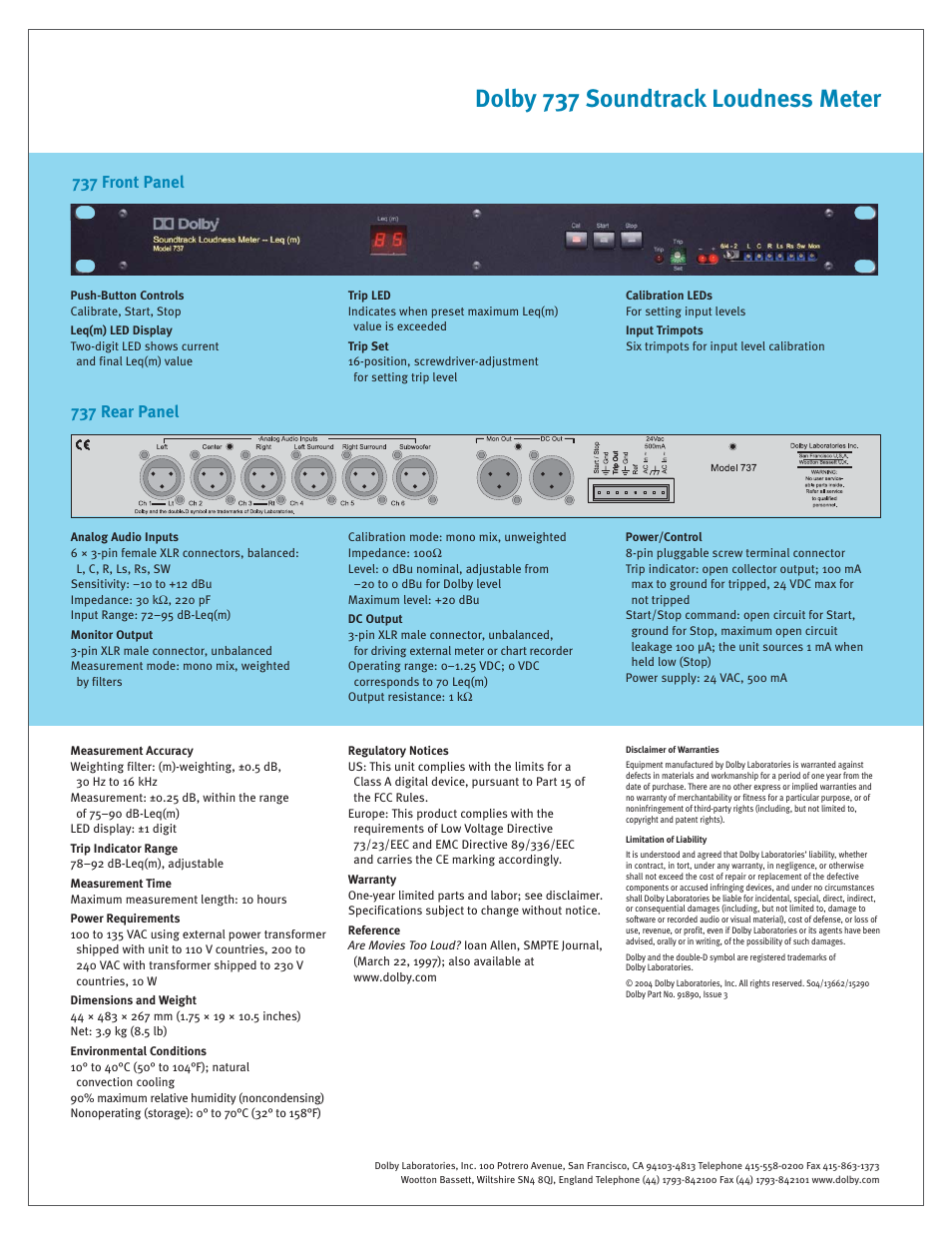 Dolby 737 soundtrack loudness meter | Dolby Laboratories Soundtrack Loudness Meter 737 User Manual | Page 2 / 2