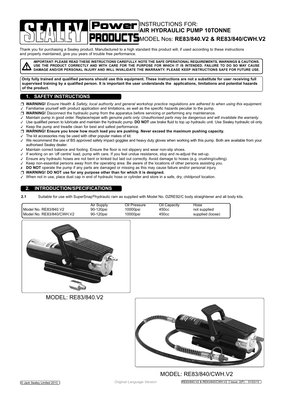 Sealey RE83/840 User Manual | 2 pages