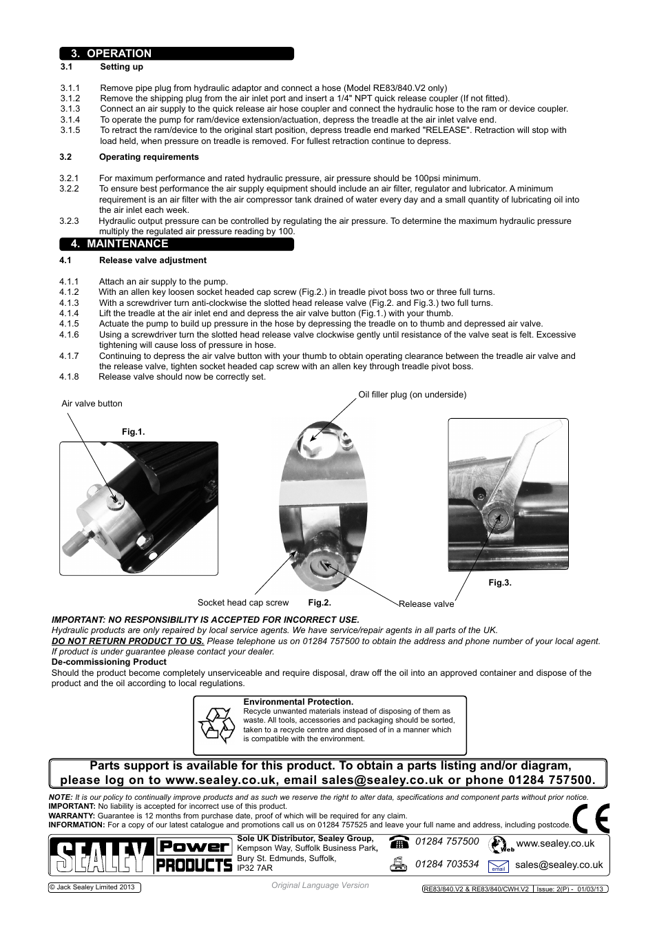 Operation, Maintenance | Sealey RE83/840 User Manual | Page 2 / 2