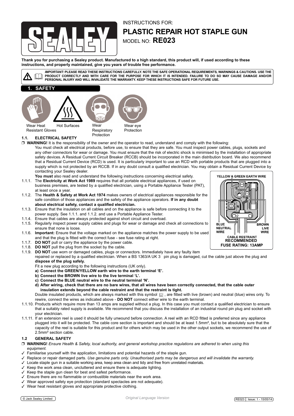 Sealey RE023 User Manual | 2 pages