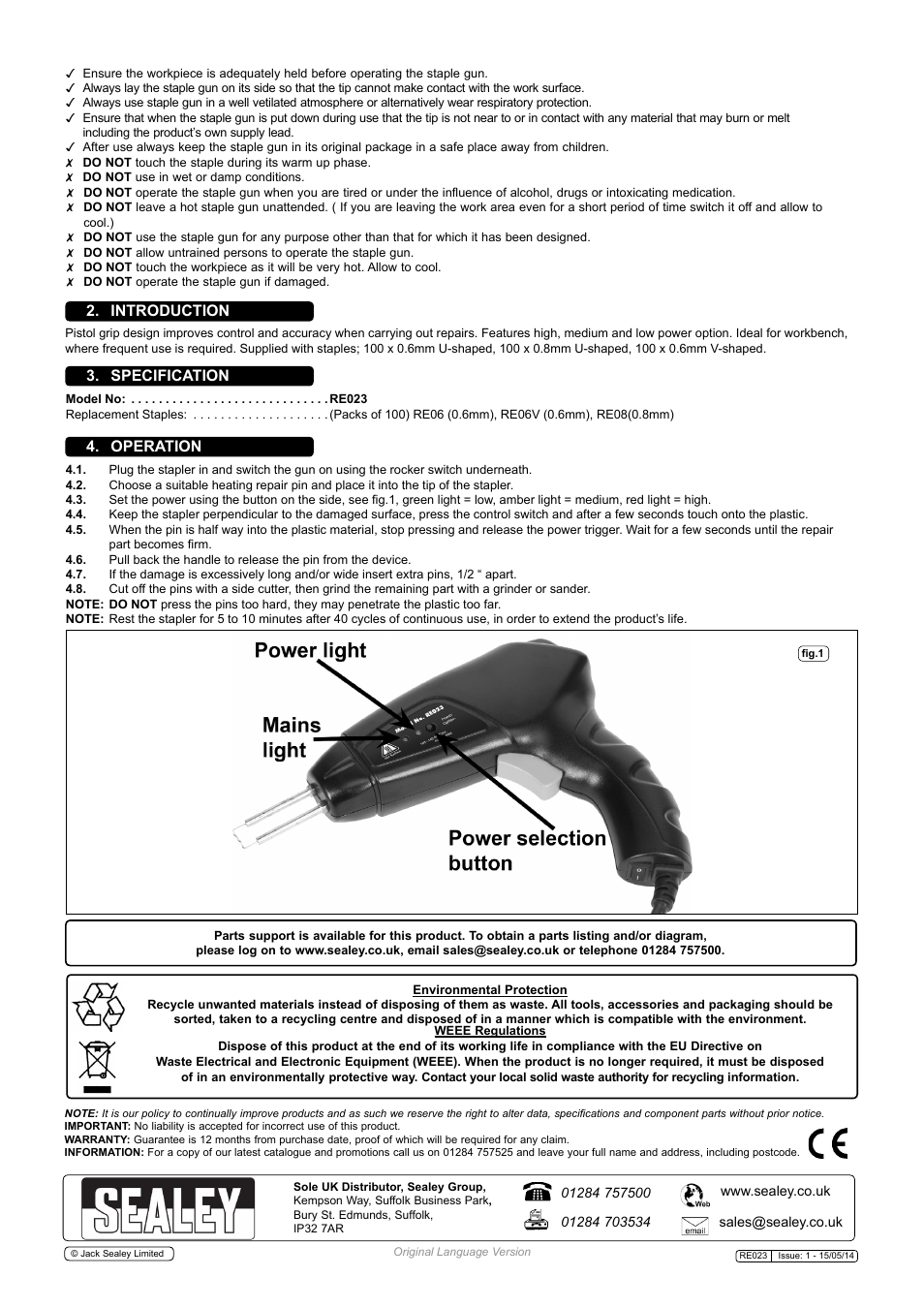 Introduction 3. specification 4. operation | Sealey RE023 User Manual | Page 2 / 2