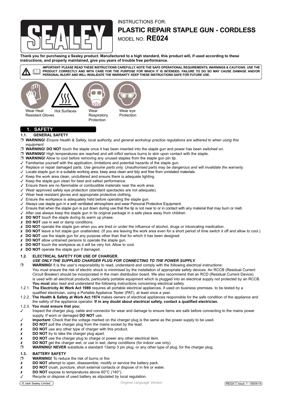Sealey RE024 User Manual | 2 pages