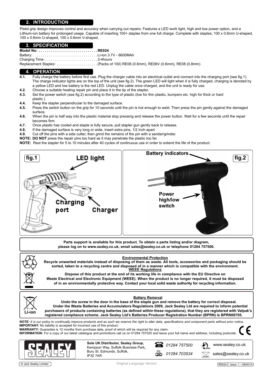 Fig.1 fig.2, Specification 4. operation, Introduction | Sealey RE024 User Manual | Page 2 / 2