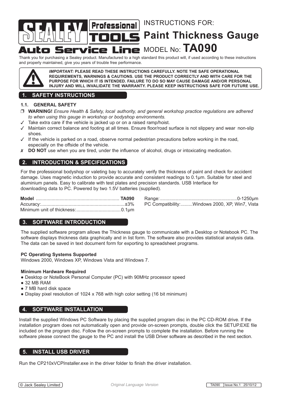 Ta090, Paint thickness gauge, Instructions for | Model no | Sealey TA090 User Manual | Page 2 / 15