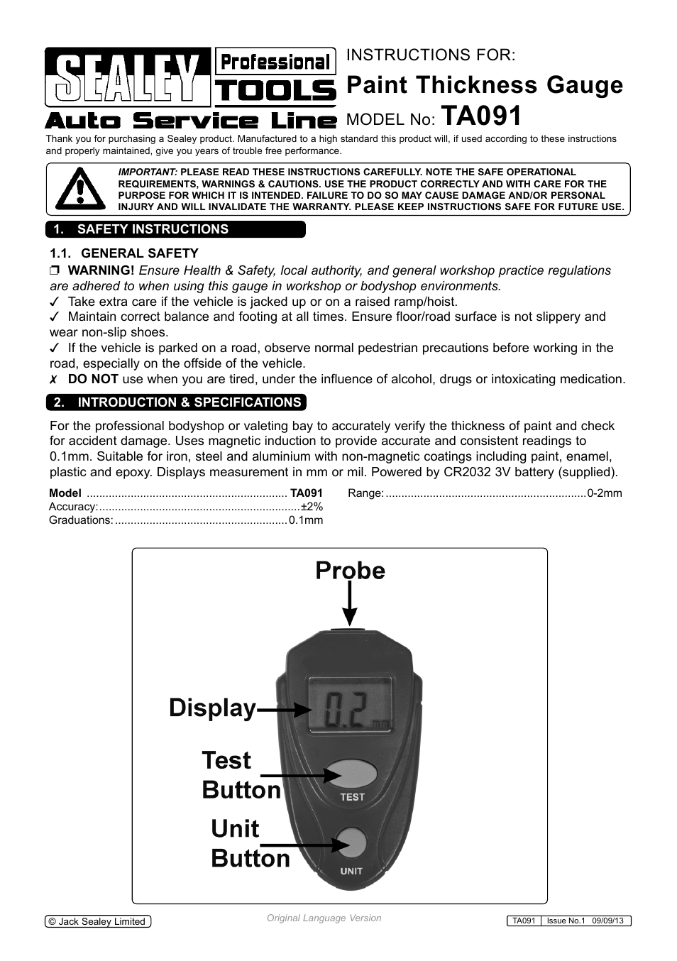 Sealey TA091 User Manual | 2 pages