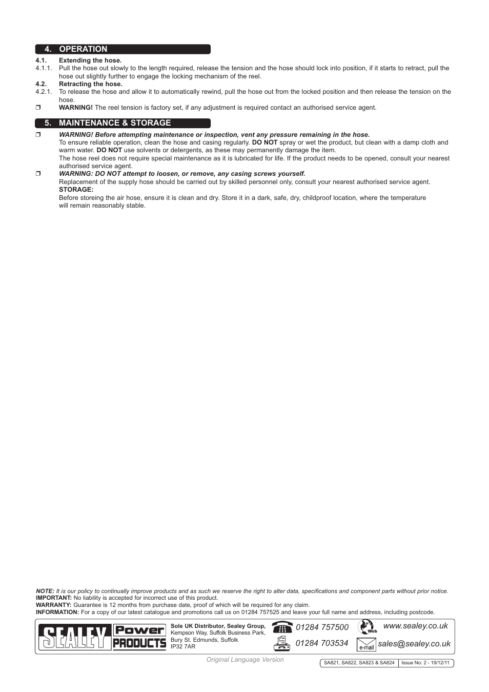 Maintenance & storage, Operation | Sealey SA824 User Manual | Page 2 / 2