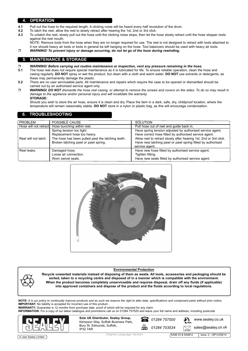 Maintenance & storage, Operation 6. troubleshooting | Sealey SA88 User Manual | Page 2 / 2