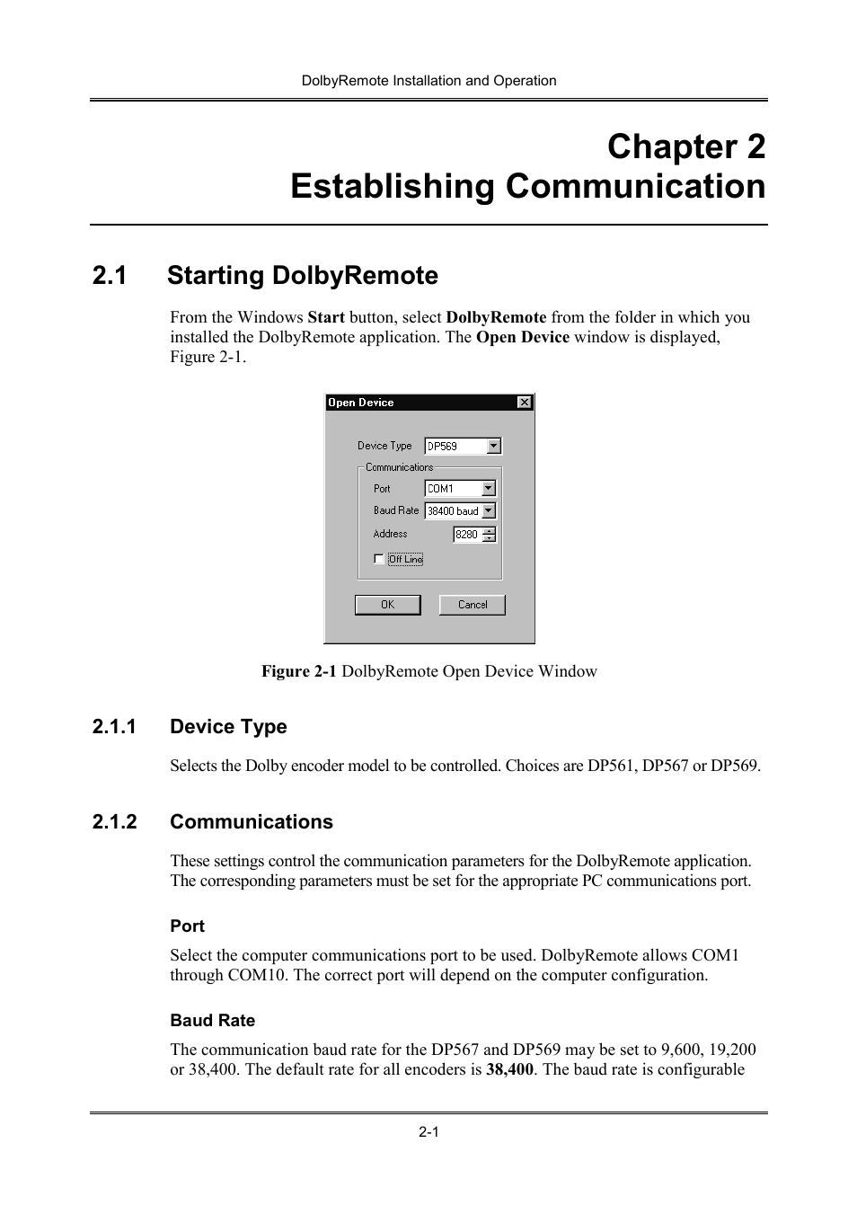 Chapter 2 establishing communication, 1 starting dolbyremote | Dolby Laboratories P/N 91659 User Manual | Page 11 / 36