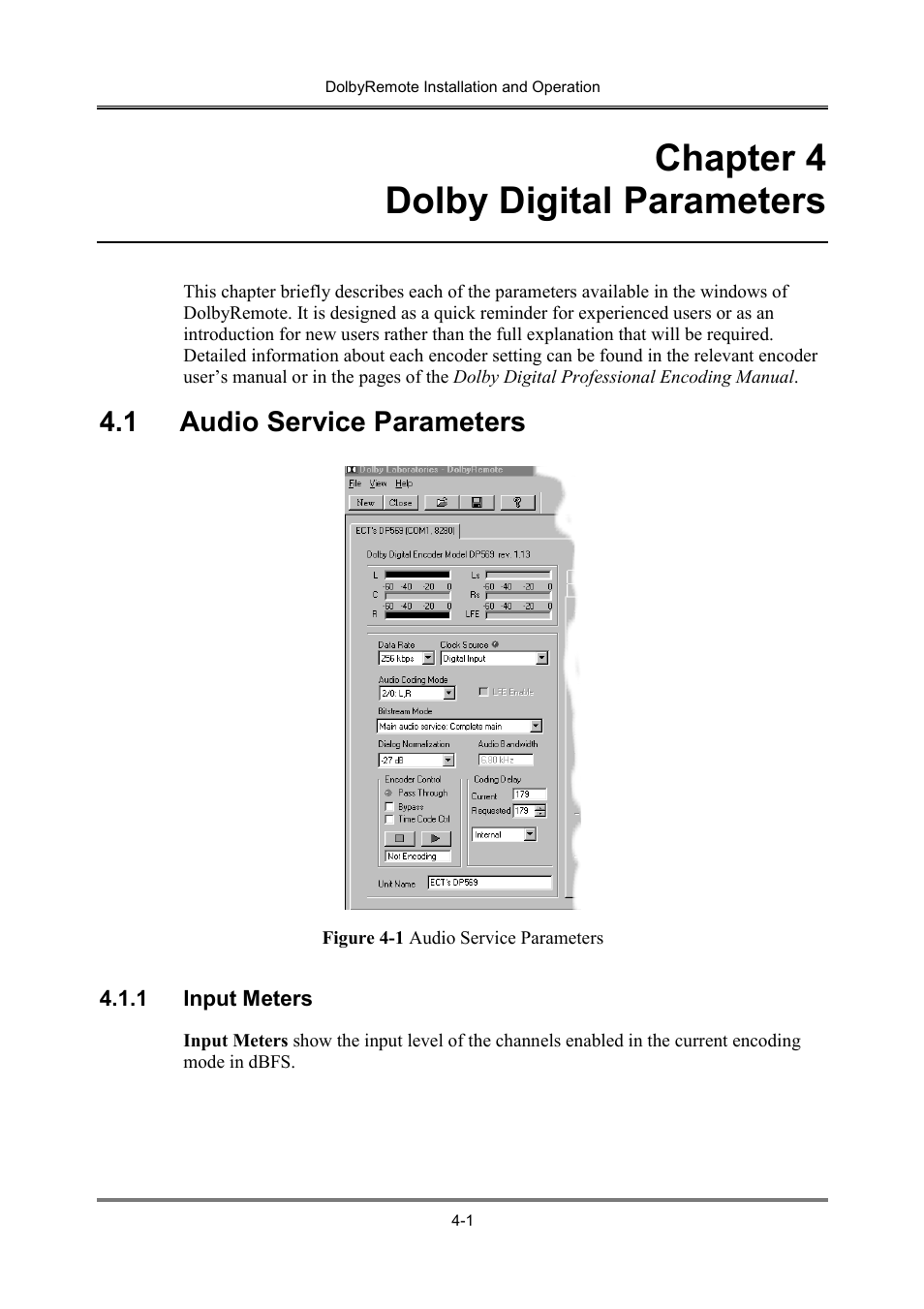 Chapter 4 dolby digital parameters, 1 audio service parameters | Dolby Laboratories P/N 91659 User Manual | Page 17 / 36