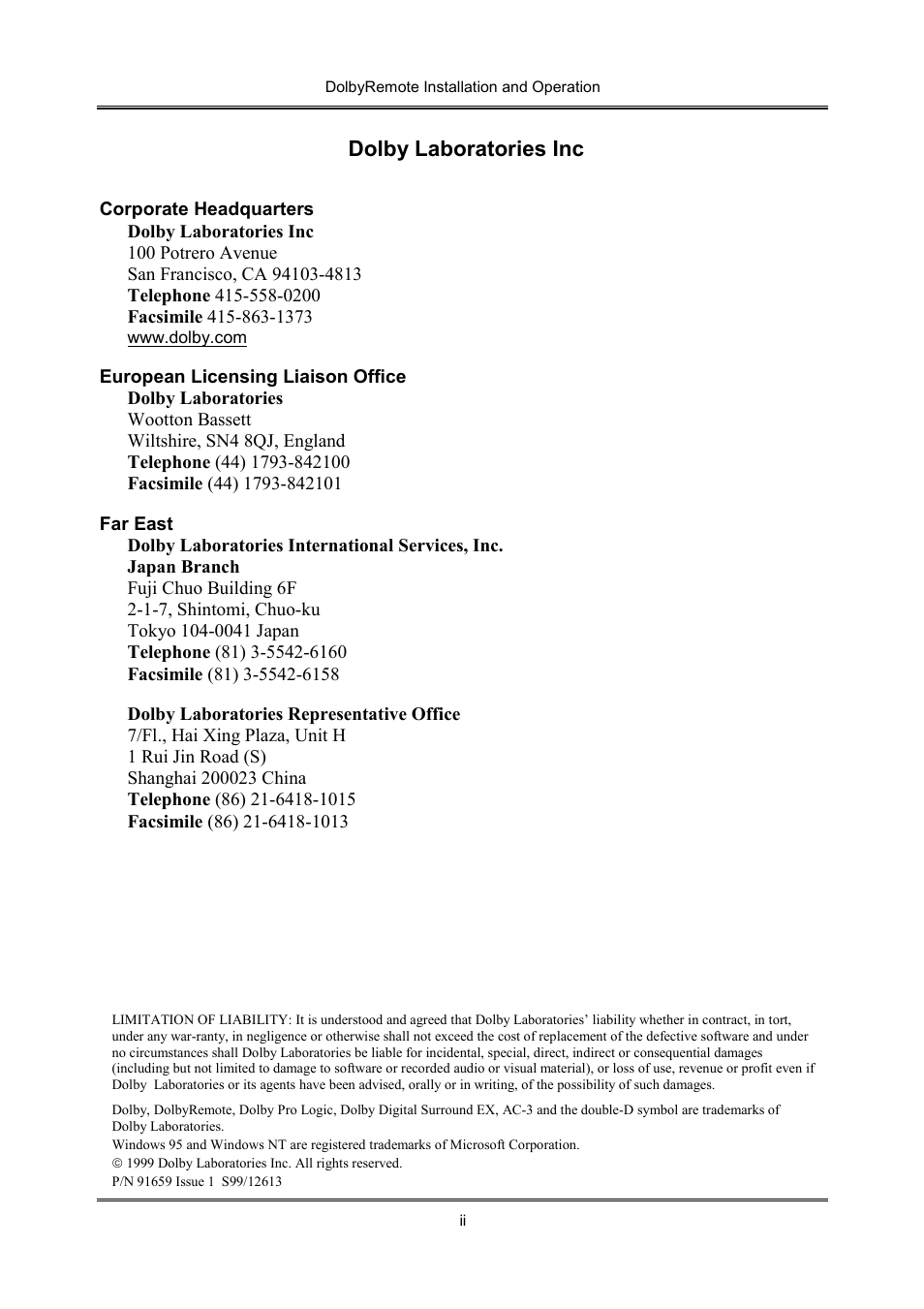 Dolby laboratories inc | Dolby Laboratories P/N 91659 User Manual | Page 2 / 36