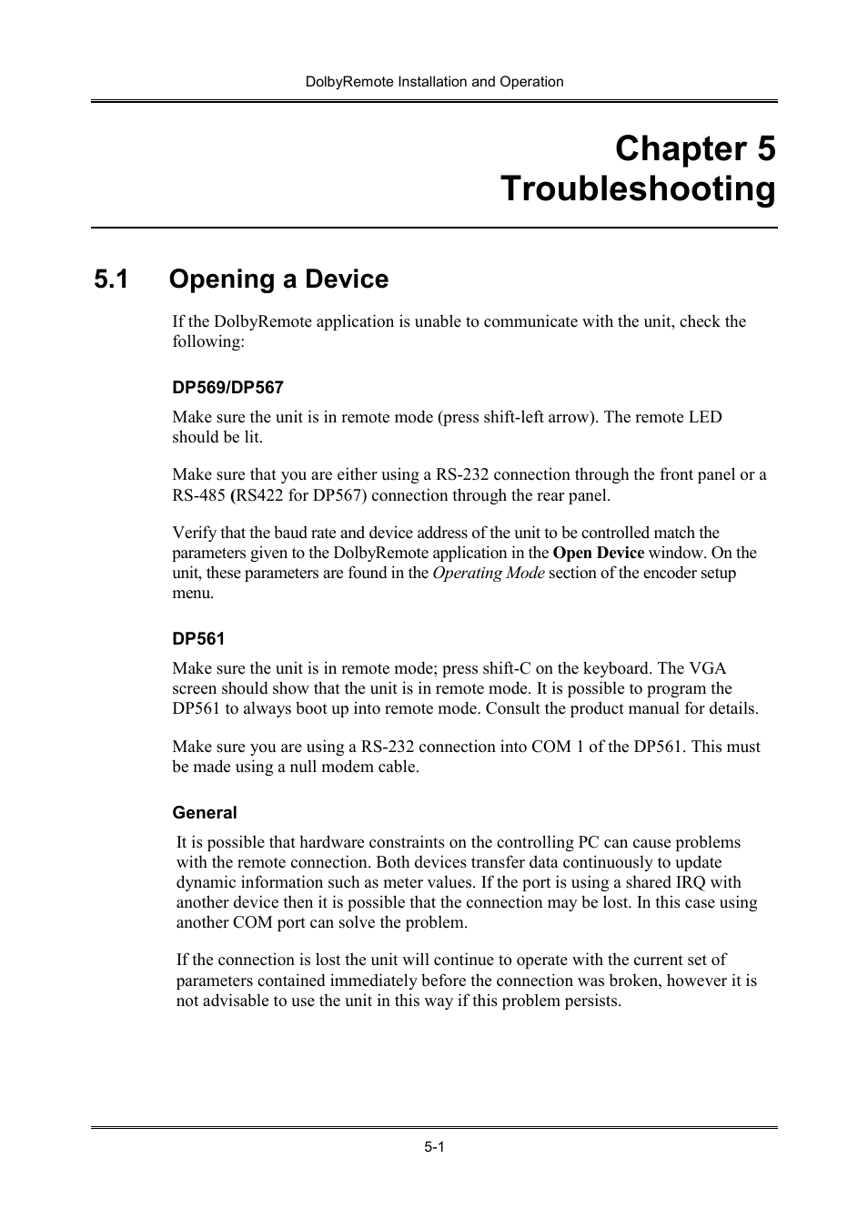 Chapter 5 troubleshooting, 1 opening a device | Dolby Laboratories P/N 91659 User Manual | Page 35 / 36