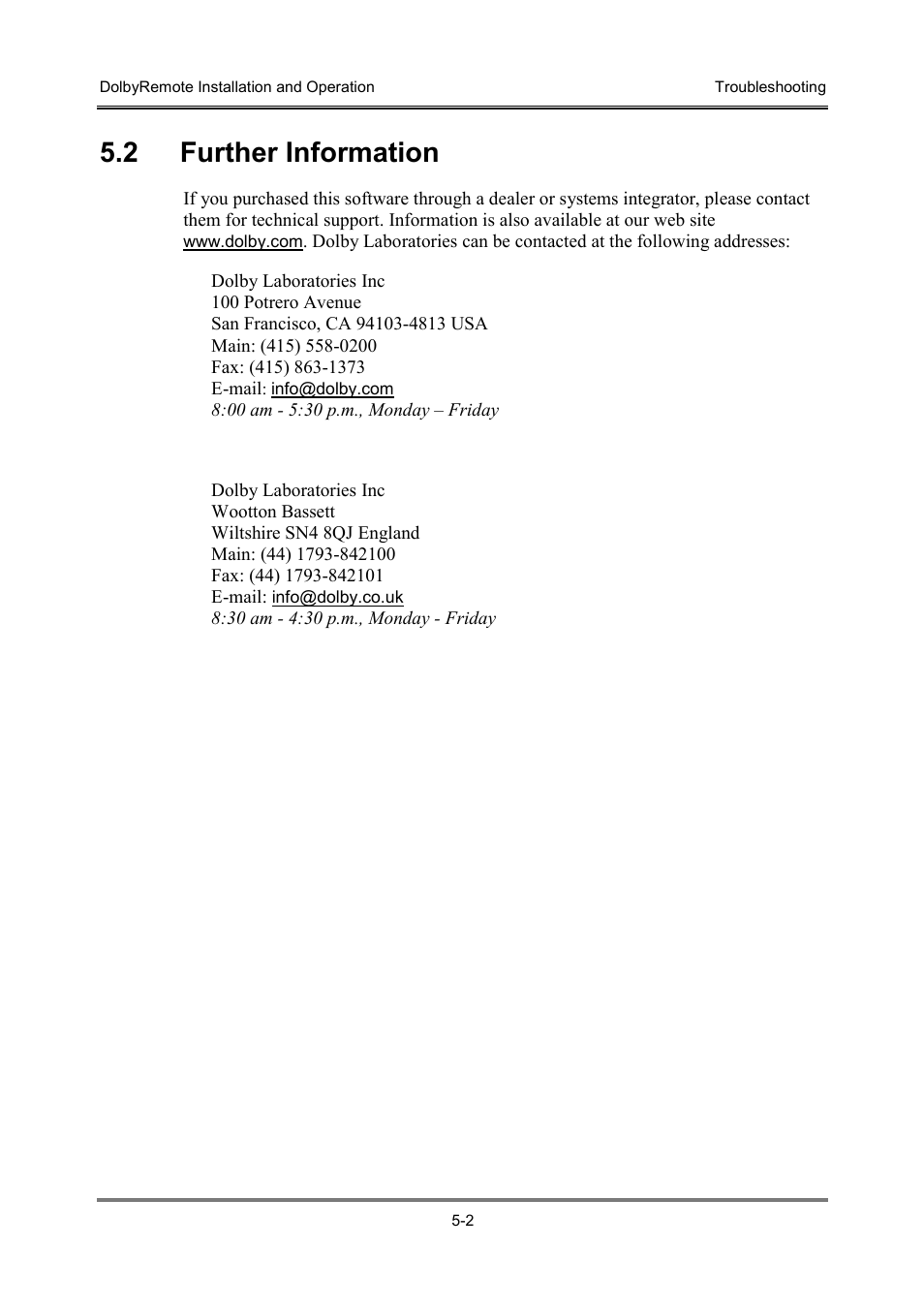 2 further information | Dolby Laboratories P/N 91659 User Manual | Page 36 / 36