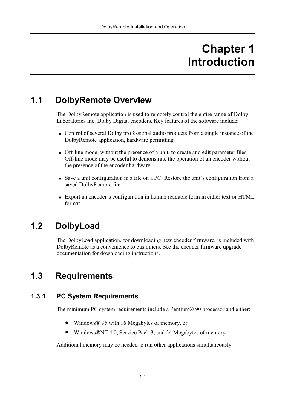 Chapter 1 introduction, 1 dolbyremote overview, 2 dolbyload | 3 requirements | Dolby Laboratories P/N 91659 User Manual | Page 7 / 36