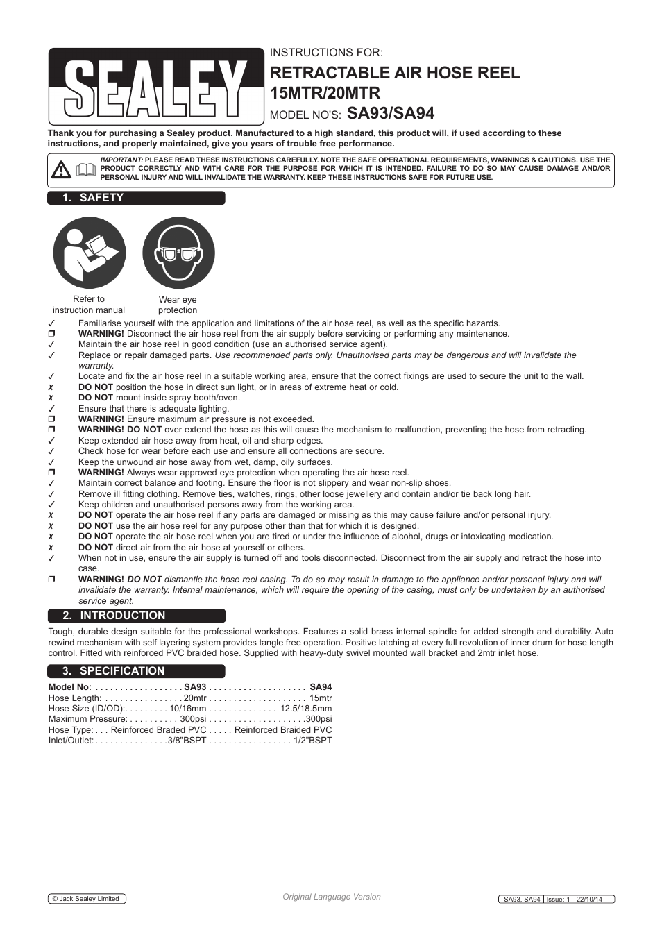 Sealey SA93 User Manual | 3 pages