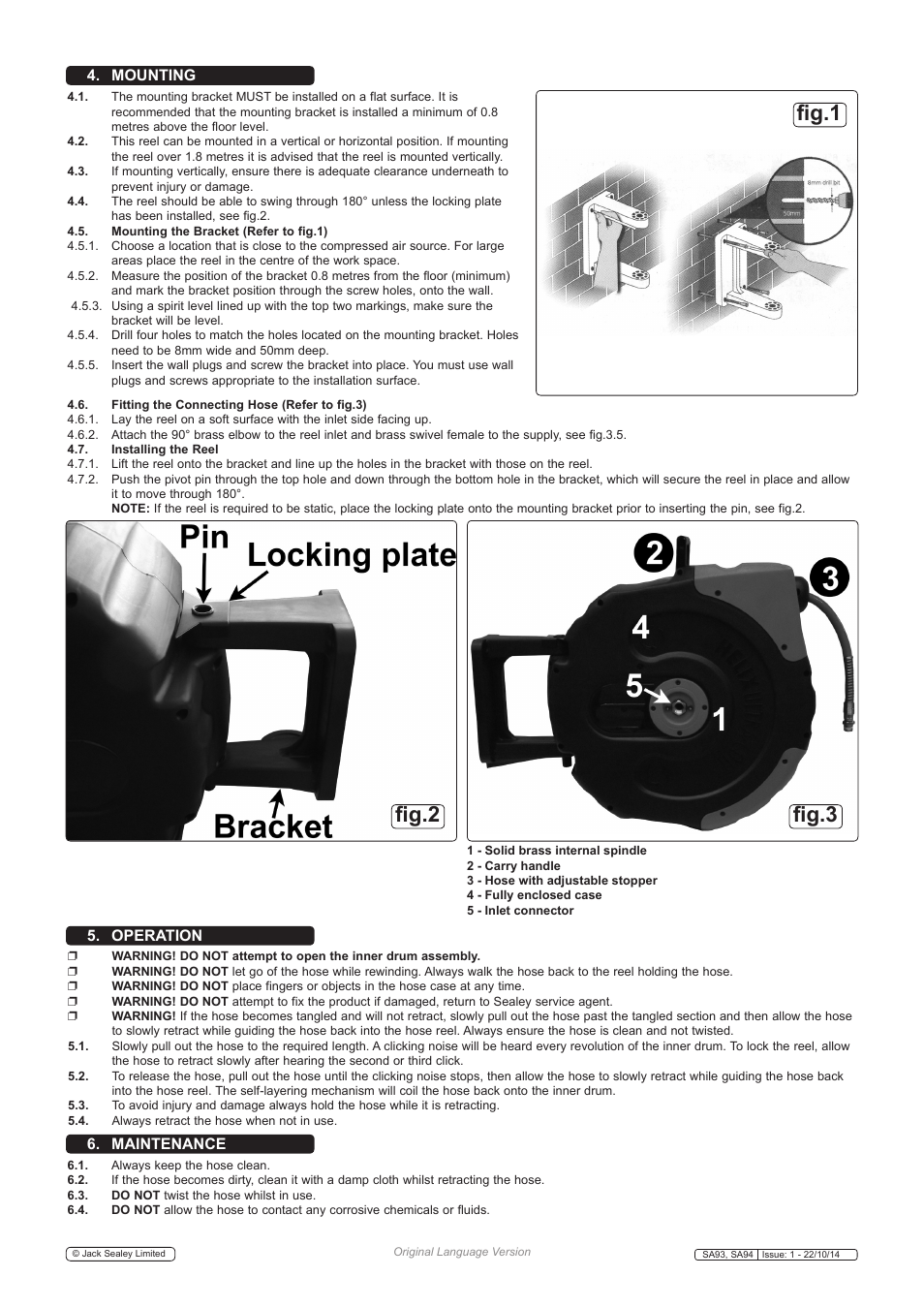 Fig.2 fig.3 fig.1, 5 . operation 6 . maintenance, 4 . mounting | Sealey SA93 User Manual | Page 2 / 3