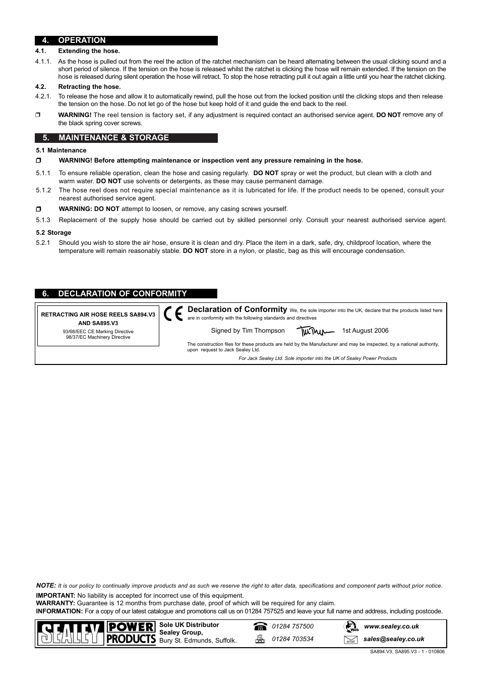 Maintenance & storage | Sealey SA894 User Manual | Page 2 / 2