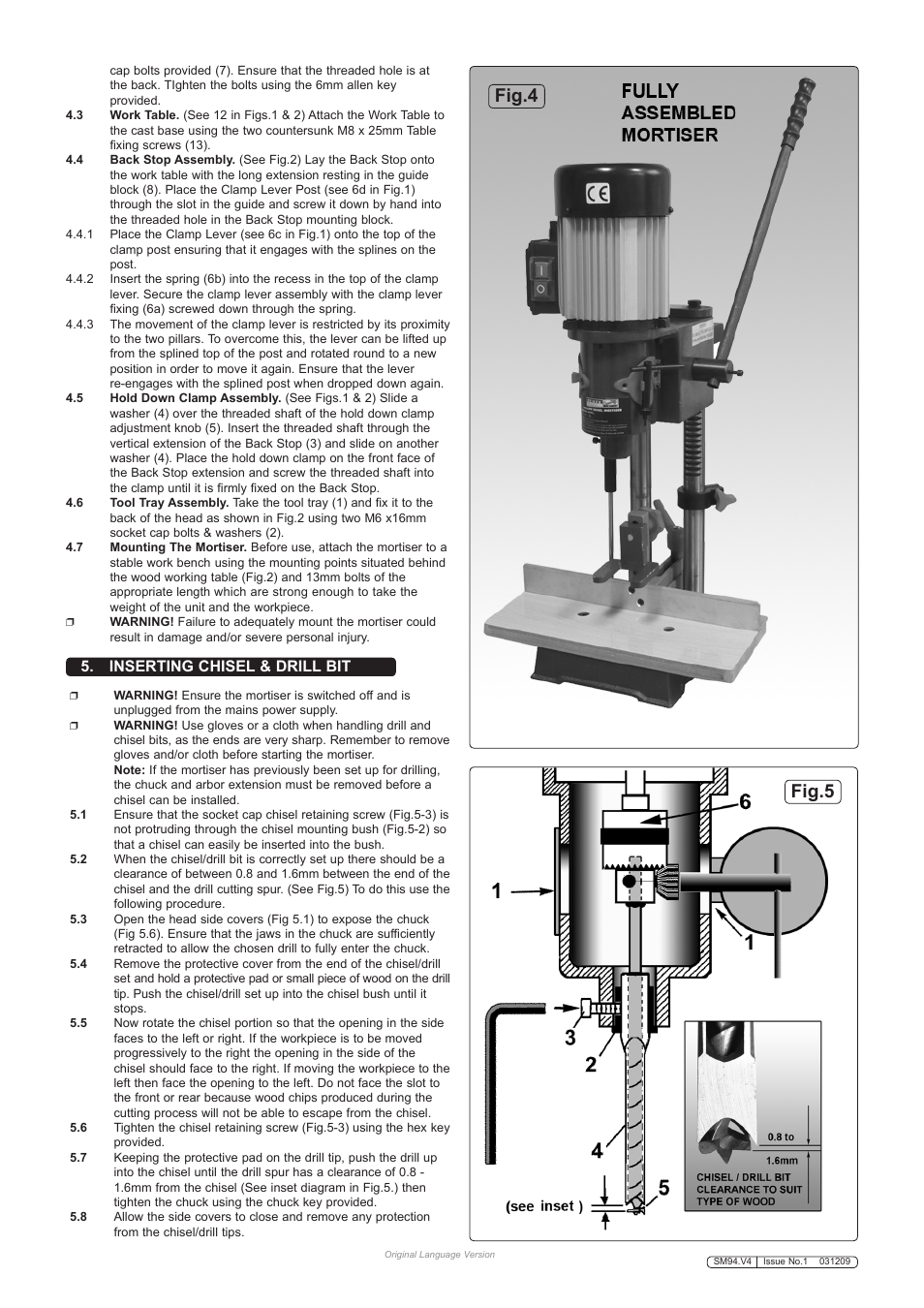 Fig.5 fig.4, Inserting chisel & drill bit | Sealey SM94 User Manual | Page 3 / 5