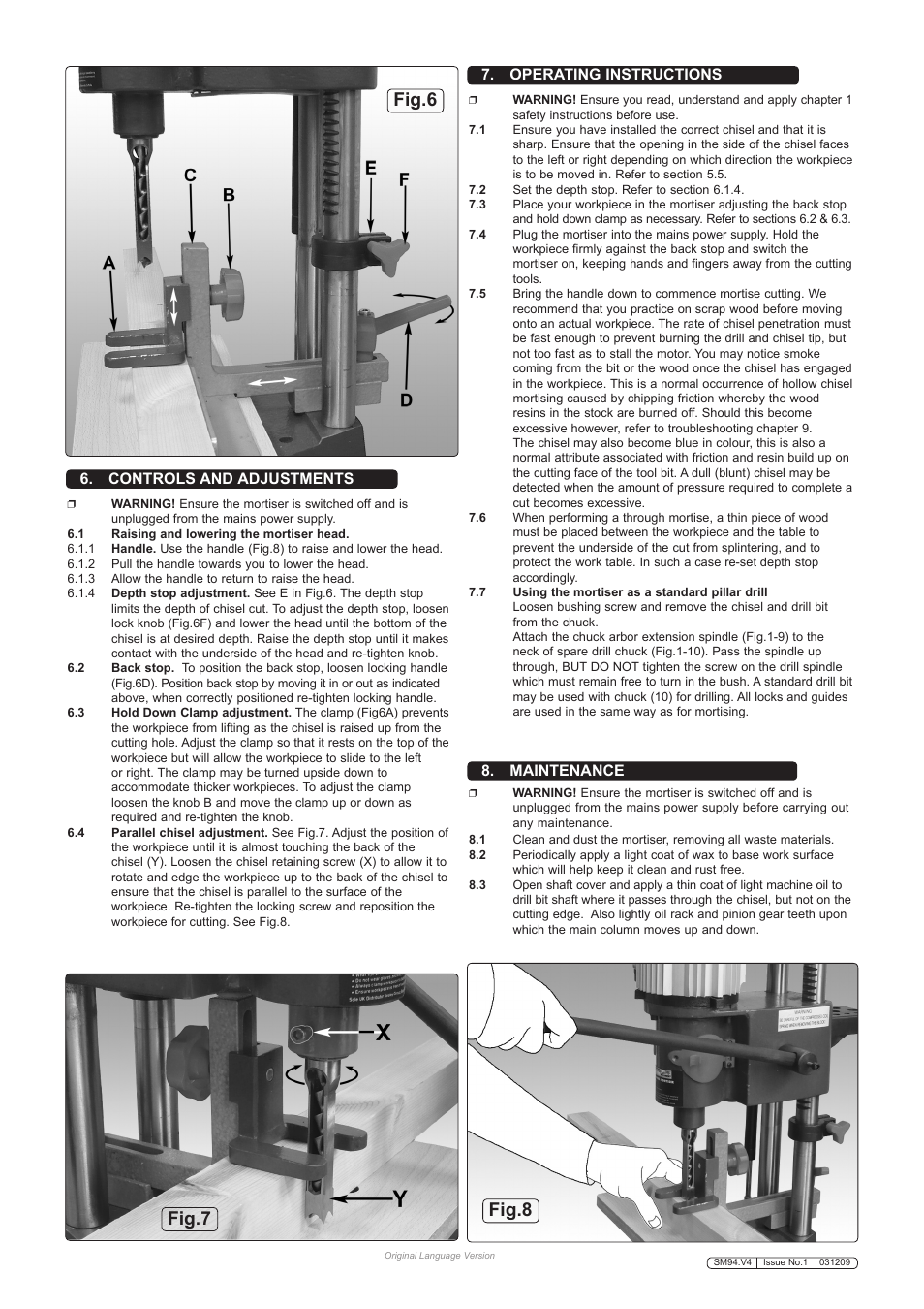 Fig.6 fig.7 fig.8, Maintenance, Operating instructions | Controls and adjustments | Sealey SM94 User Manual | Page 4 / 5