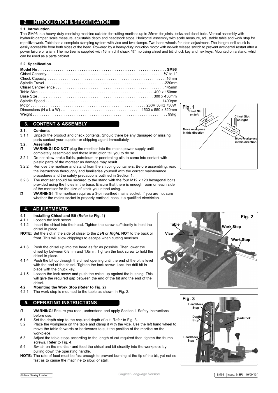 Introduction & specification, Adjustments 3. content & assembly, Fig. 1 fig. 2 fig. 3 | Operating instructions | Sealey SM96 User Manual | Page 2 / 3